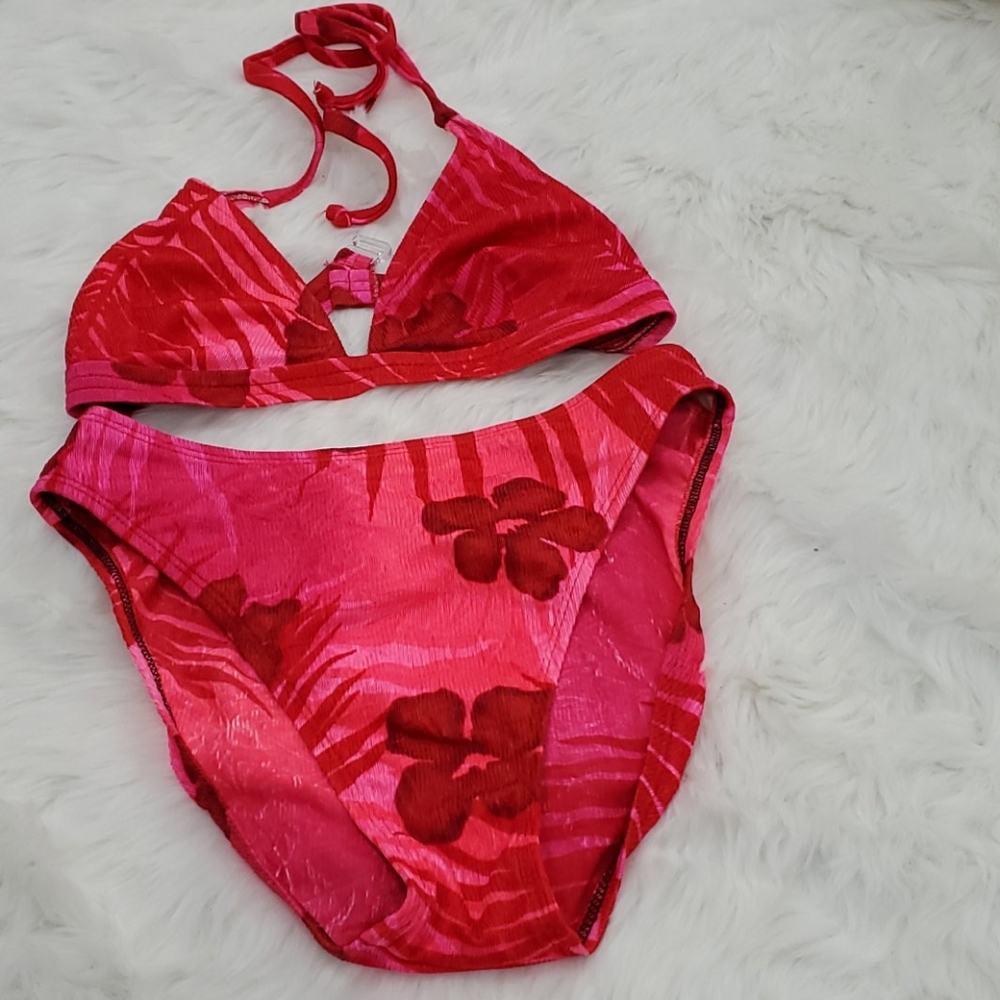 Vintage Athena collection swimming suit bikini red pink floral women size 6/8